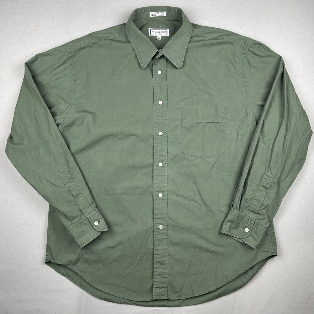 Vintage 80s Yves Saint Laurent YSL Dress Shirt Mens XL 17 34-35 Green Button Up